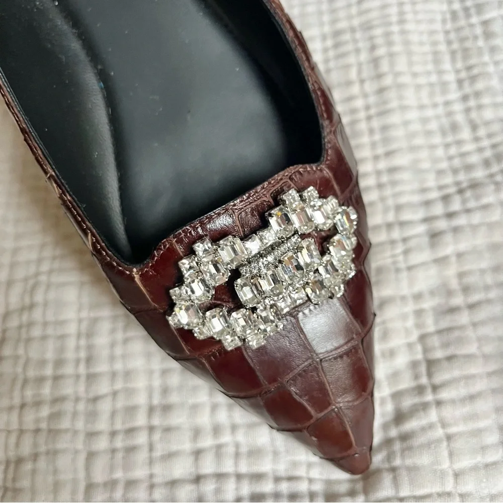 Giuseppe Zanotti Rhinestone Croc Leather Pointed Toe Ballet Flats 38.5